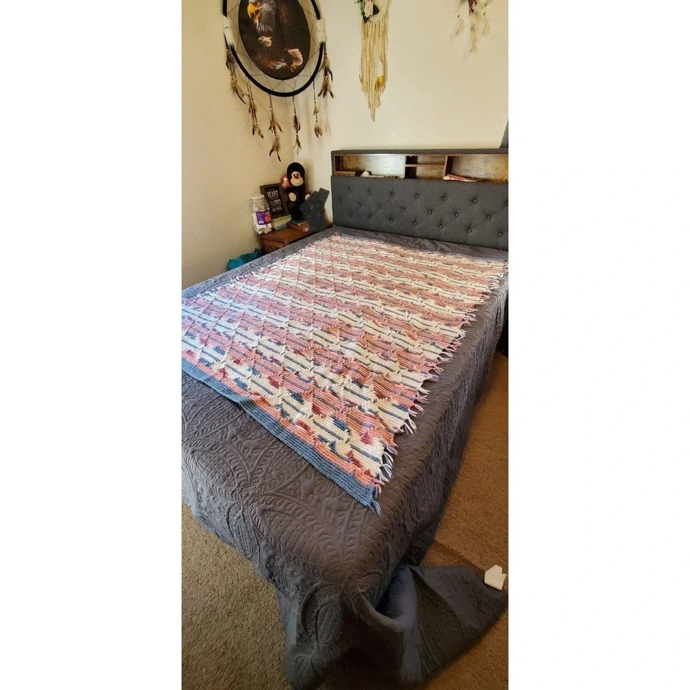 Crocheted Afghan Blanket Throw Handmade 63x48 Inches Granny Cottage Core